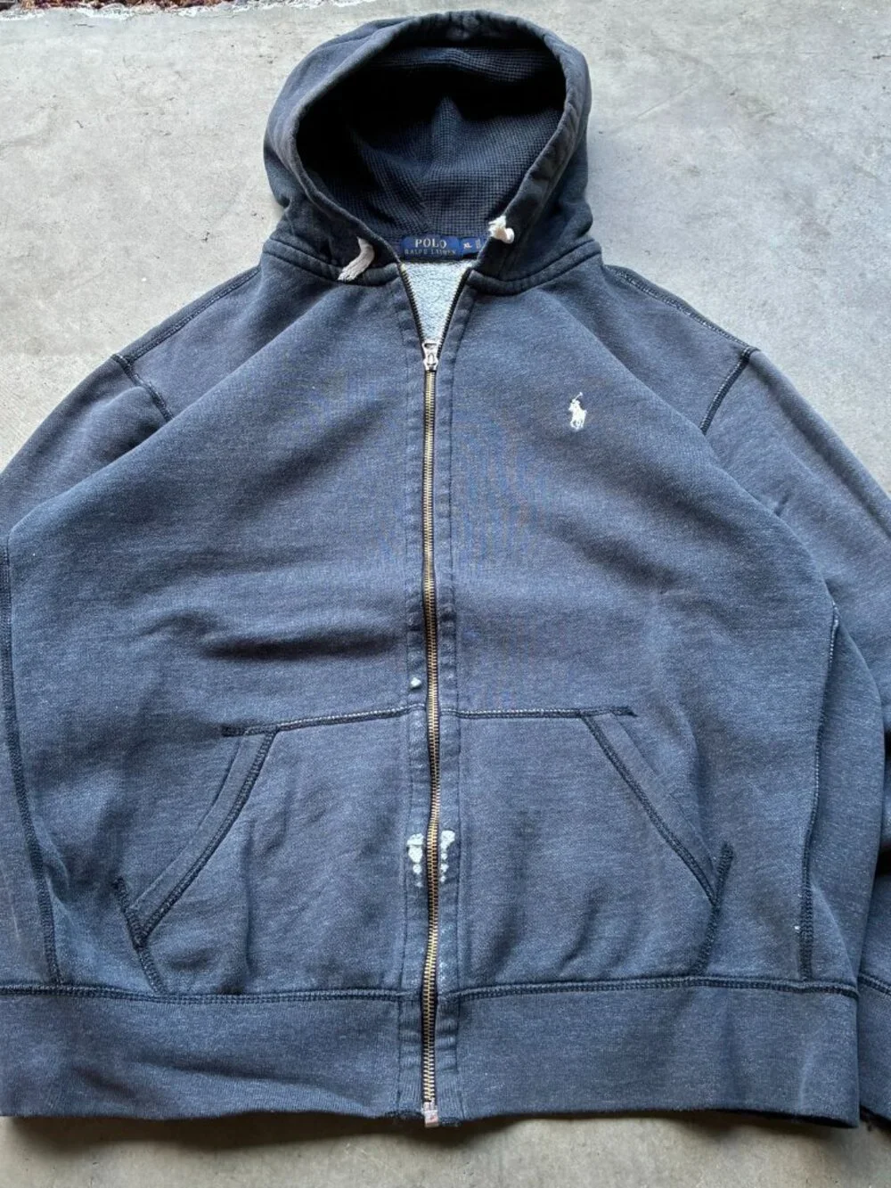 Polo Ralph Lauren Full Zip Hoodie Faded Black Sun Faded Distressed Size XL